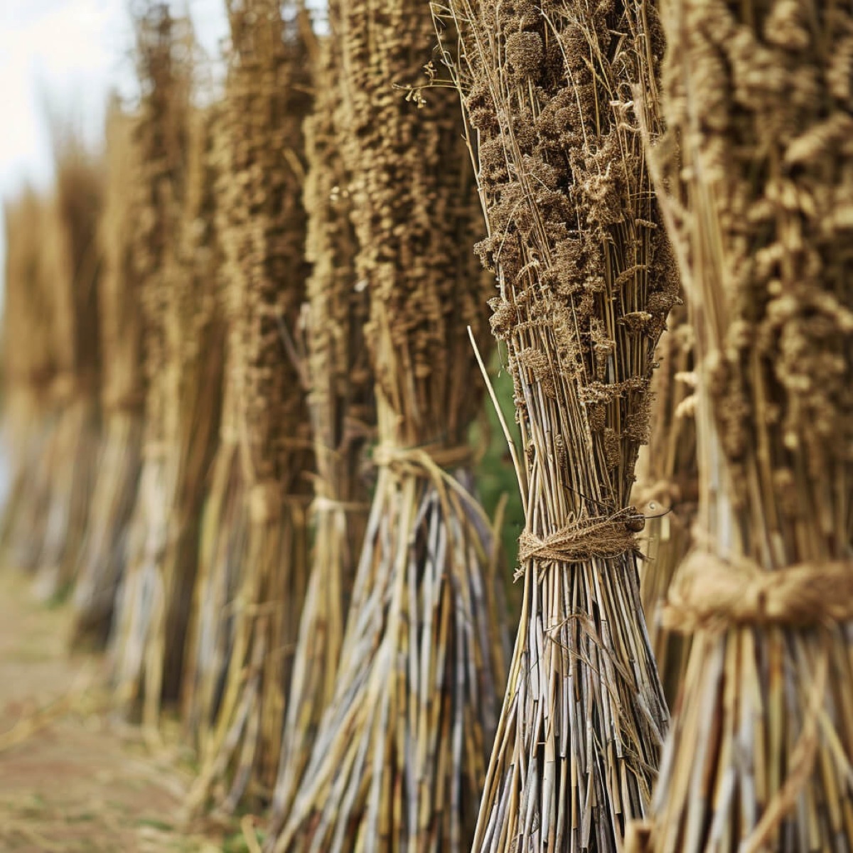 Sheaves of harvested flax, bound and set out to dry in the field.