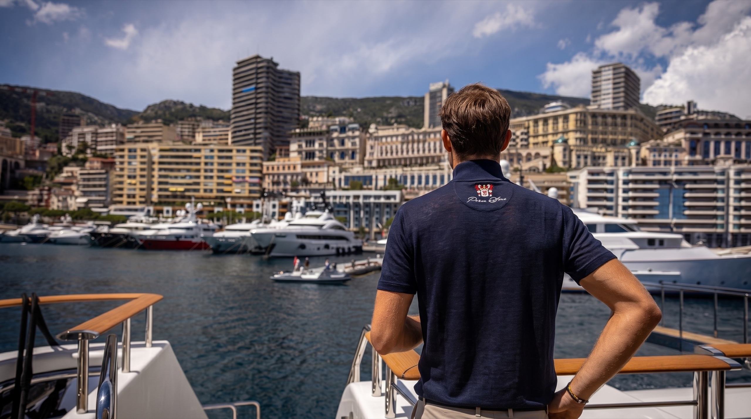 Il porto di Monaco al tramonto: un uomo di spalle, in polo di lino Parea Sons, guarda le barche ormeggiate.