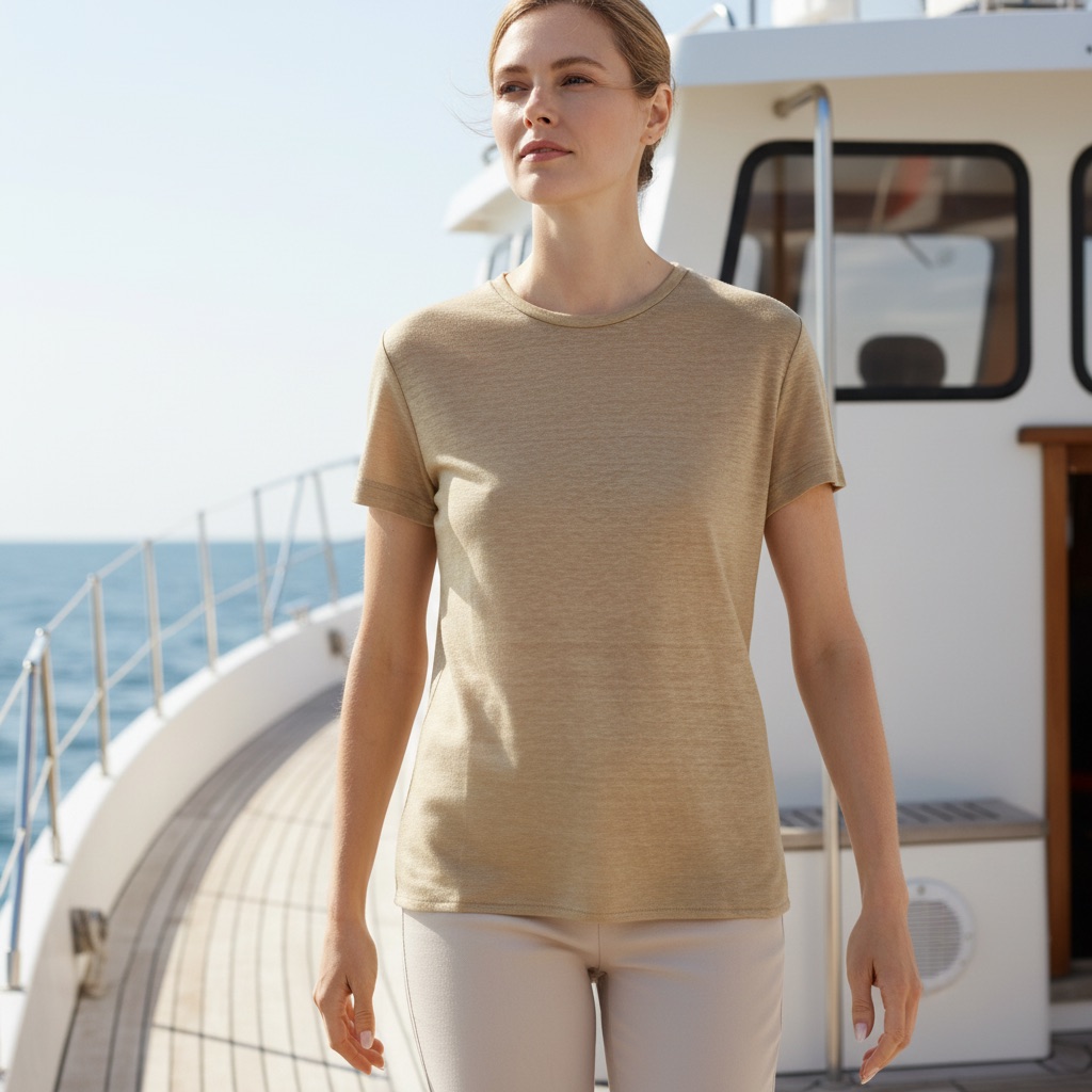 Il girocollo beige indossato sul pontile.