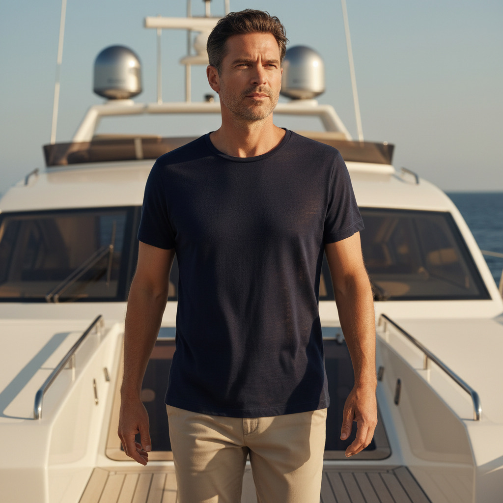 The navy crewneck worn on the pontoon.